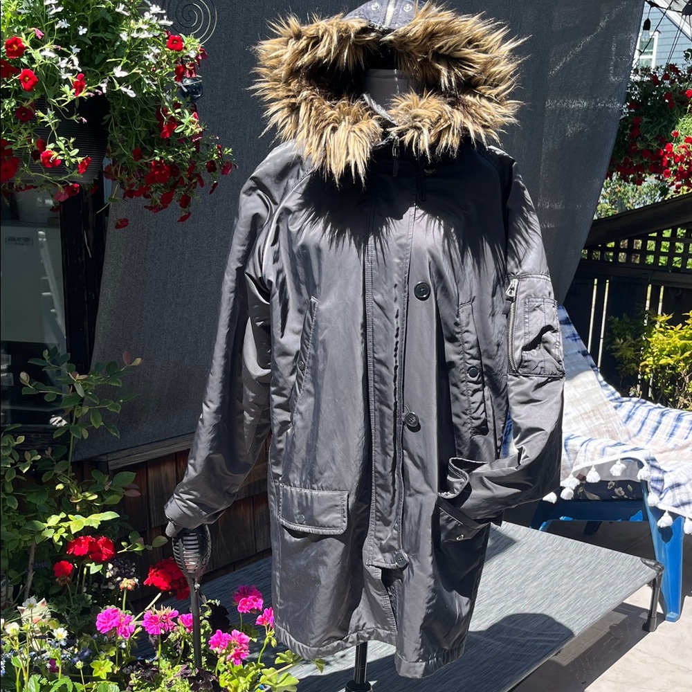 GAP Charcoal Jacket with Sherpa and Faux Fur hood. Size Large, Tall